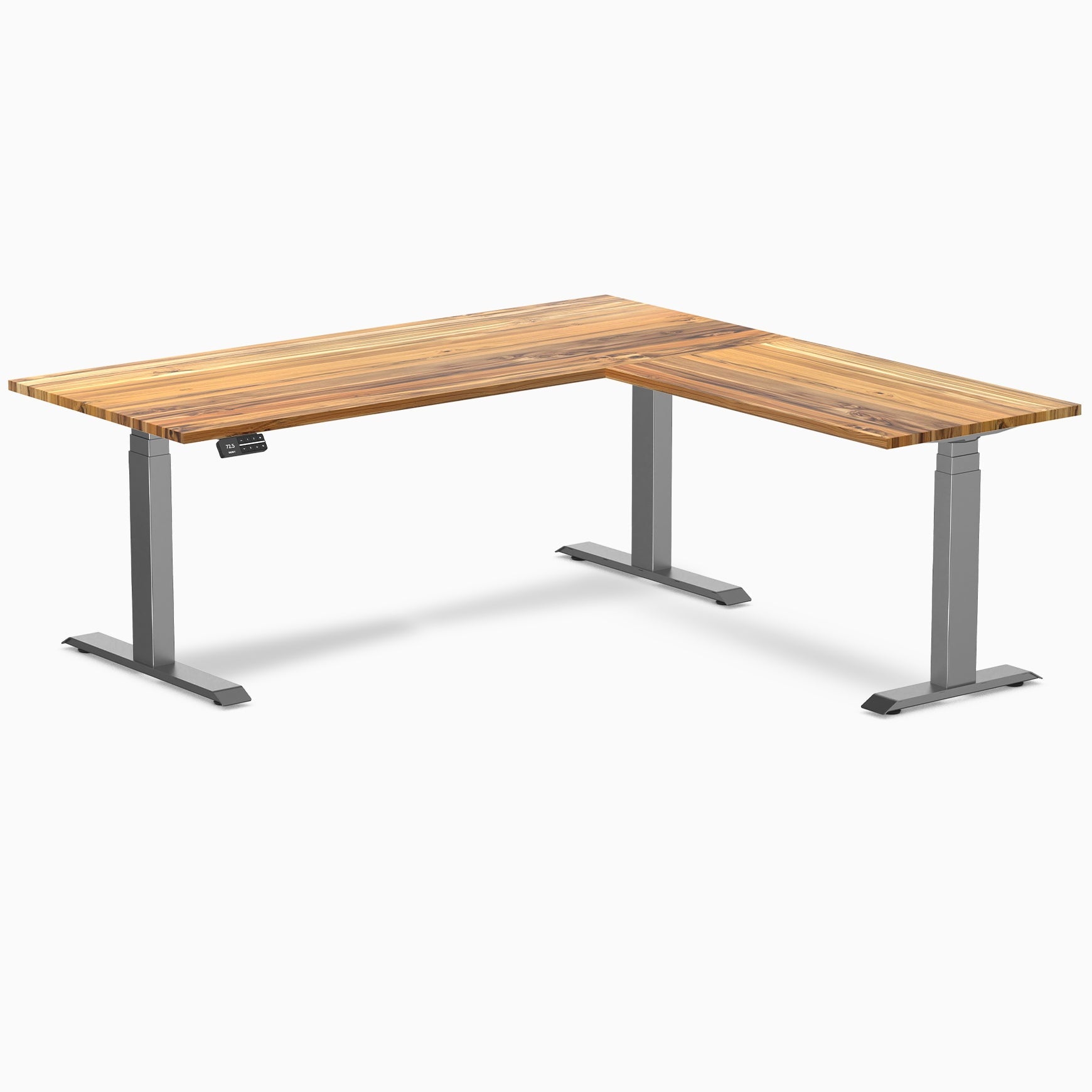 Desky - Hardwood L-Shape Sit Stand Desk - Pheasant wood / 72 X 30 X 70 X 24 Inches / Matte Black - Serious Techies