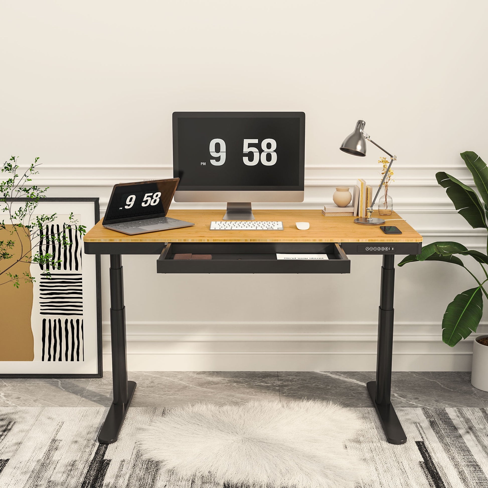 FLEXISPOT - 55"X28" Wireless Charging Dual Motors Standing Desk with Drawers, Black and Bamboo Top Height Adjustable Desk with Cable Management Tray - Serious Techies