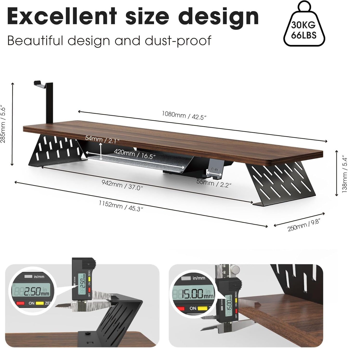 Dual Monitor Stand, 42.5 Inch Monitor Riser for Desk, Wood Desk Shelf for 2 Monitors, 2 Tier Monitor Shelf with Headphone Stand & Phone Holder