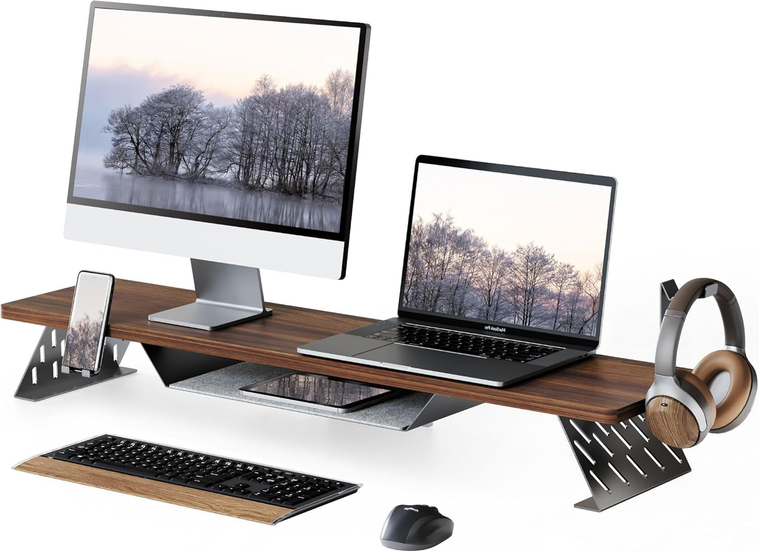 Dual Monitor Stand, 42.5 Inch Monitor Riser for Desk, Wood Desk Shelf for 2 Monitors, 2 Tier Monitor Shelf with Headphone Stand & Phone Holder