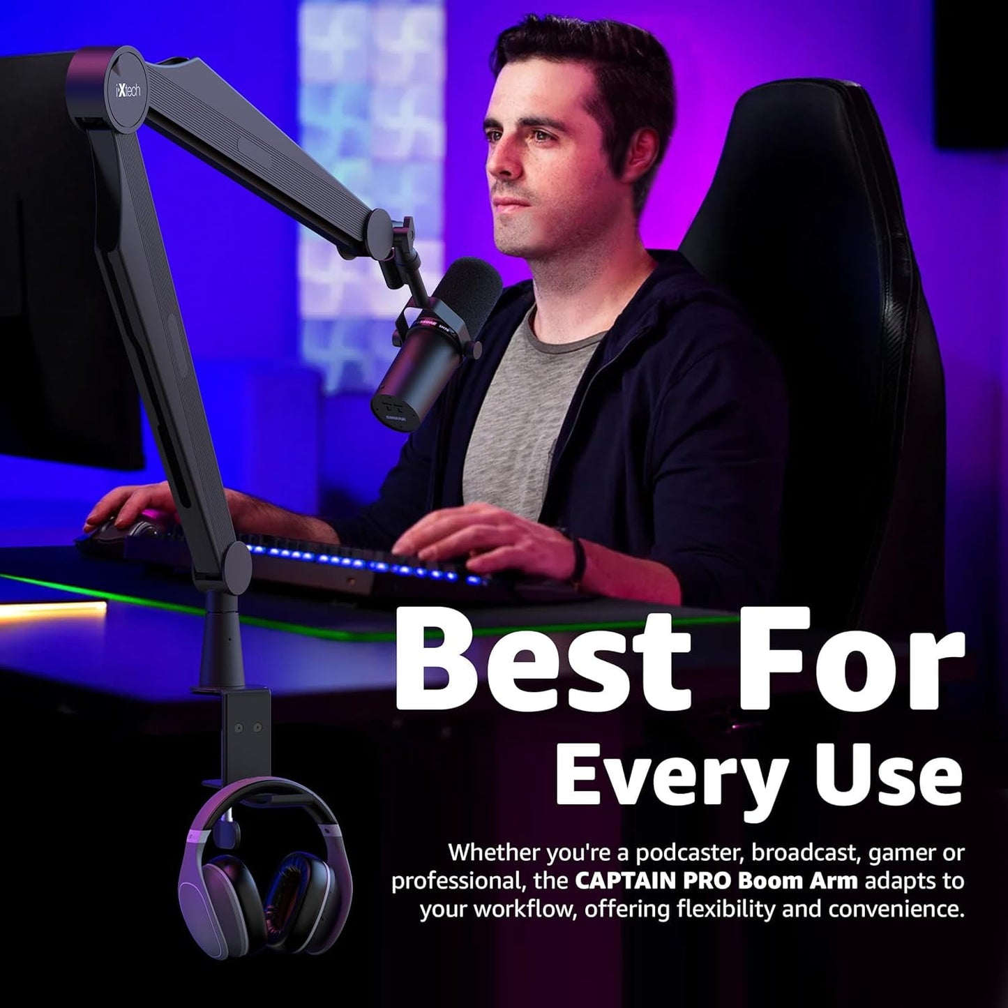 IXTECH - Mic Boom Arm Microphone Arm for Blue Yeti Shure Sm7B Hyperx Quadcast Rode At2020 and Fifine Upgraded Mic Stand with Tablet and Headphone Holder for Gaming Podcasting and Streaming CAPTAIN PRO - Serious Techies