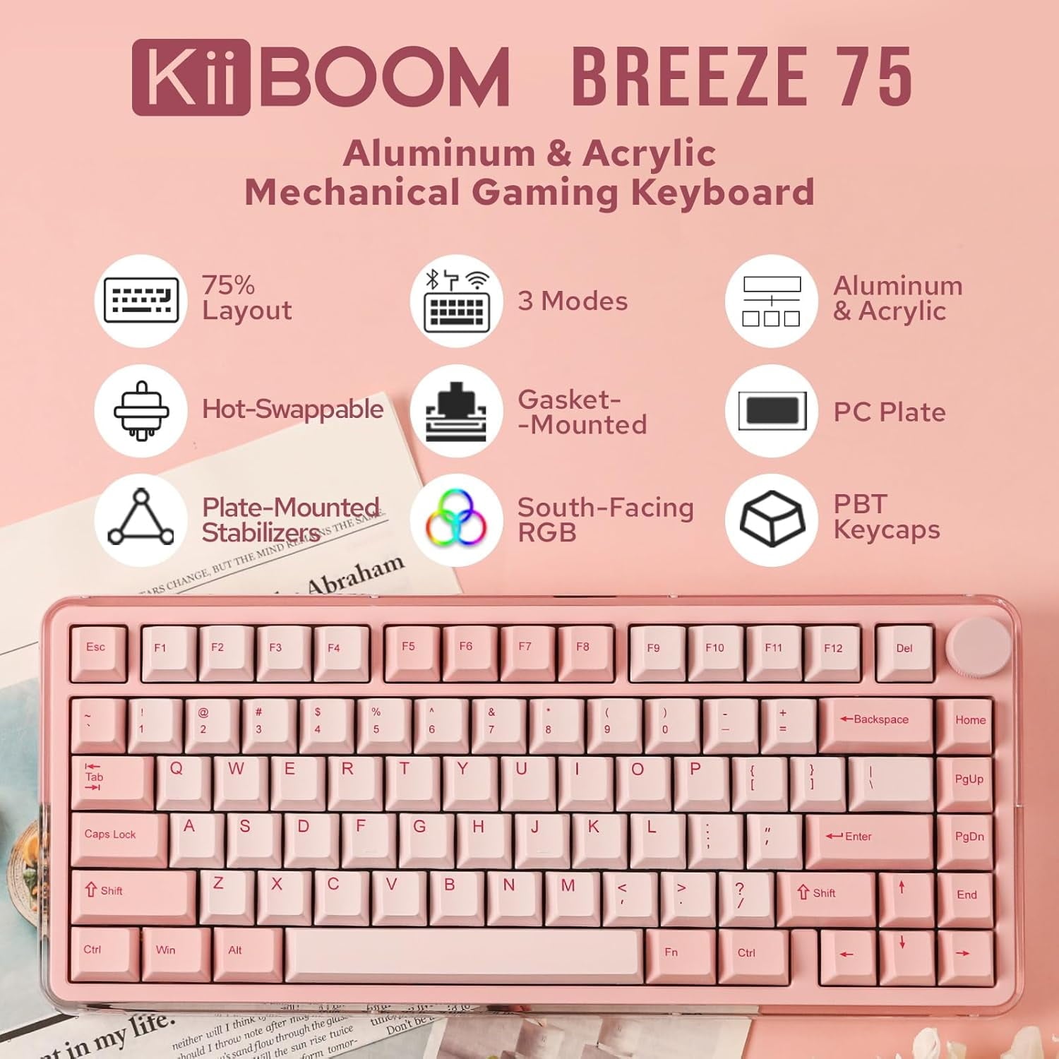 KIIBOOM - CNC Aluminum and Acrylic Design the Breeze 75 Integrates Metallic Elements with Transparent Acrylic to Create a Unique Aesthetic. the Keyboard Features Cherry Profile Dye-Sub PBT Keycaps - Serious Techies