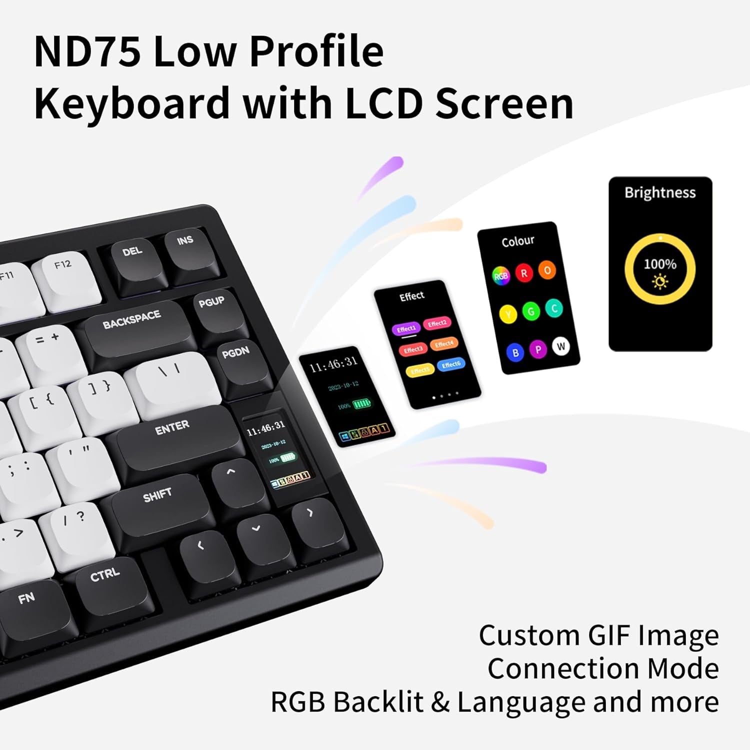 Chilkey - ND75 LP Low Profile Aluminum Mechanical Keyboard, 75 Percent Wireless Gaming Keyboard W/Screen, Tri-Mode, Quick Disassembly, RGB Backlit Key Board for Laptop Office PC (Black) - Serious Techies
