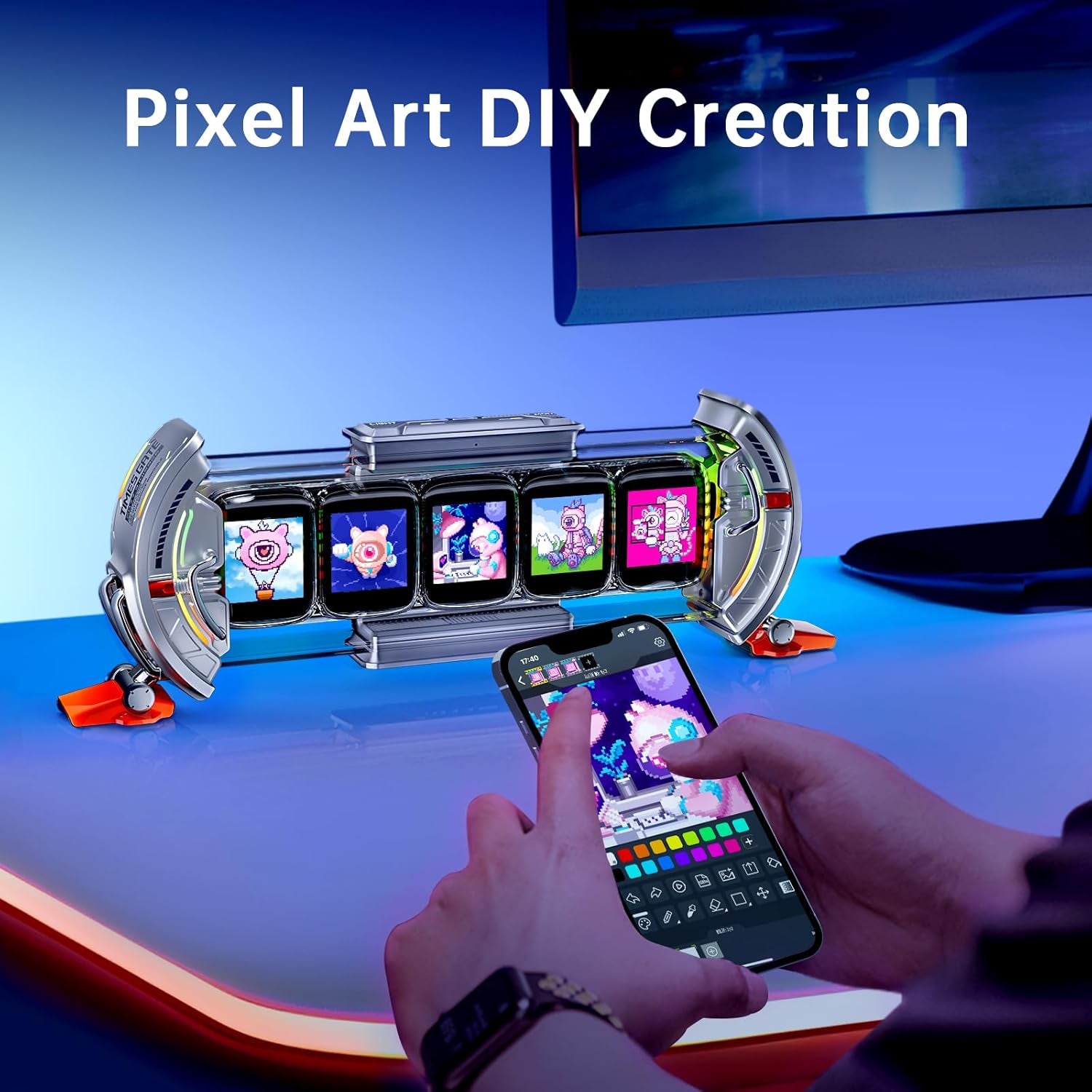 Divoom - Times Gate - Cyberpunk Gaming Setup Digital Alarm Clock, Smart APP, Wifi Connect, RGB LED Display, Personalized Financial & Bitcoin Dashboard, Pixel Art for Gaming Room & Office Decor, Silver - Serious Techies