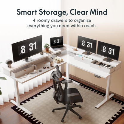 FLEXISPOT - 63 Inch L Shaped Standing Desk with Drawers and Shelf, Electric Adjustable Workstation with USB Charging for Home Office, White Top and Frame - Serious Techies