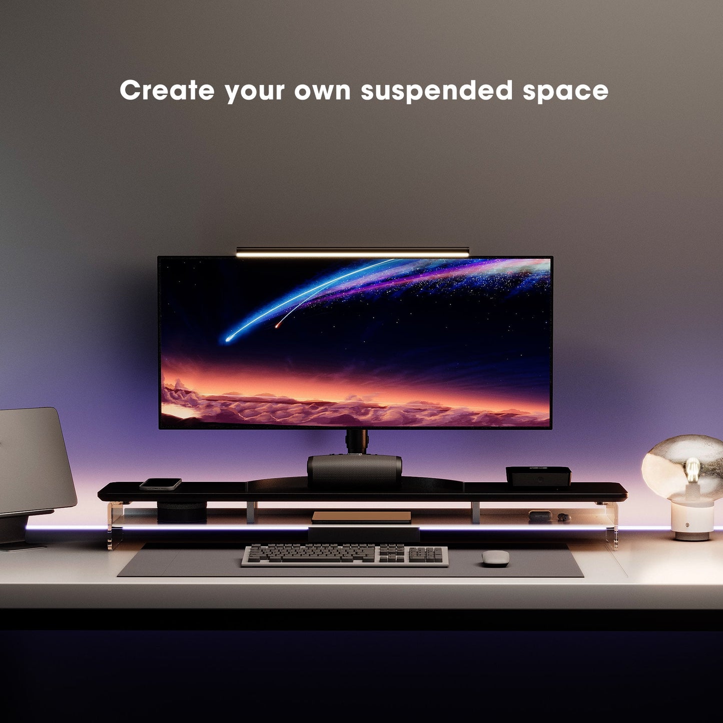 Fenge - Acrylic Monitor Stand Riser, 42.5 Inches Dual Monitor Stand with 12 Color LED Light - Serious Techies