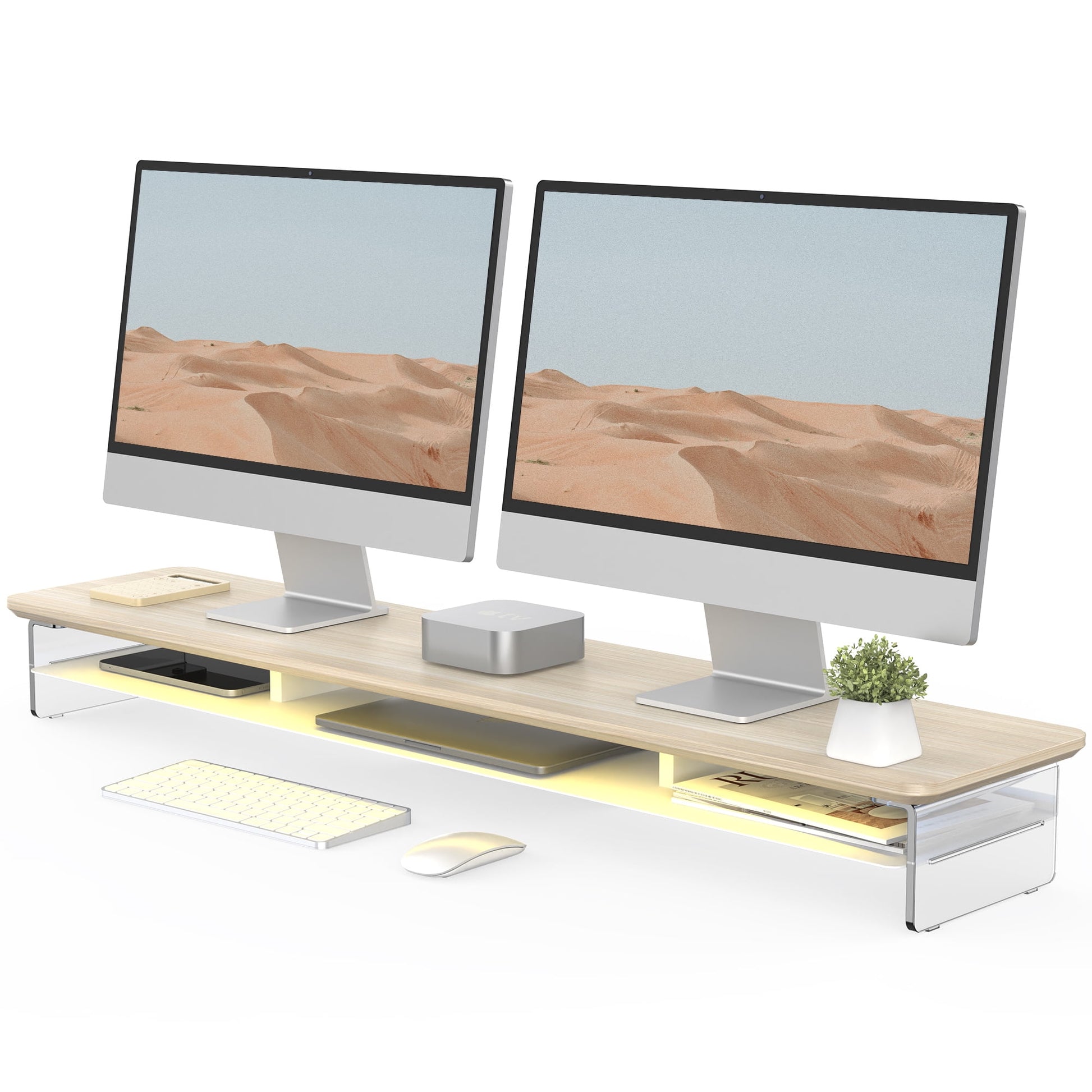 Fenge - Acrylic Monitor Stand Riser, 42.5 Inches Dual Monitor Stand with 12 Color LED Light - Serious Techies