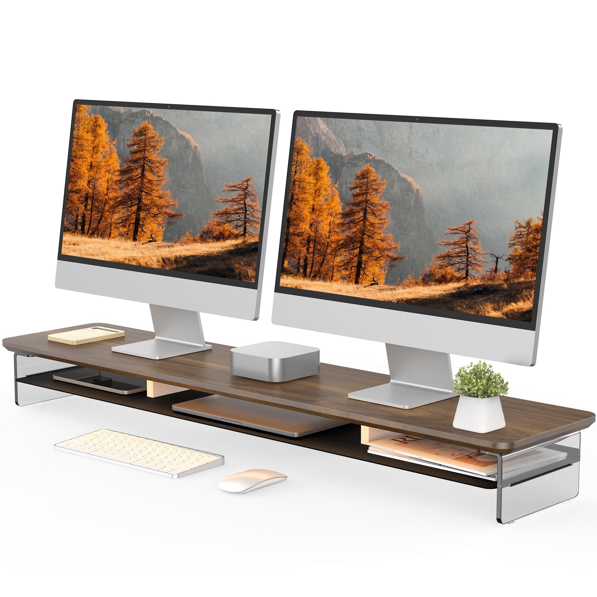 Fenge - Acrylic Monitor Stand Riser, 42.5 Inches Dual Monitor Stand with 12 Color LED Light - Serious Techies