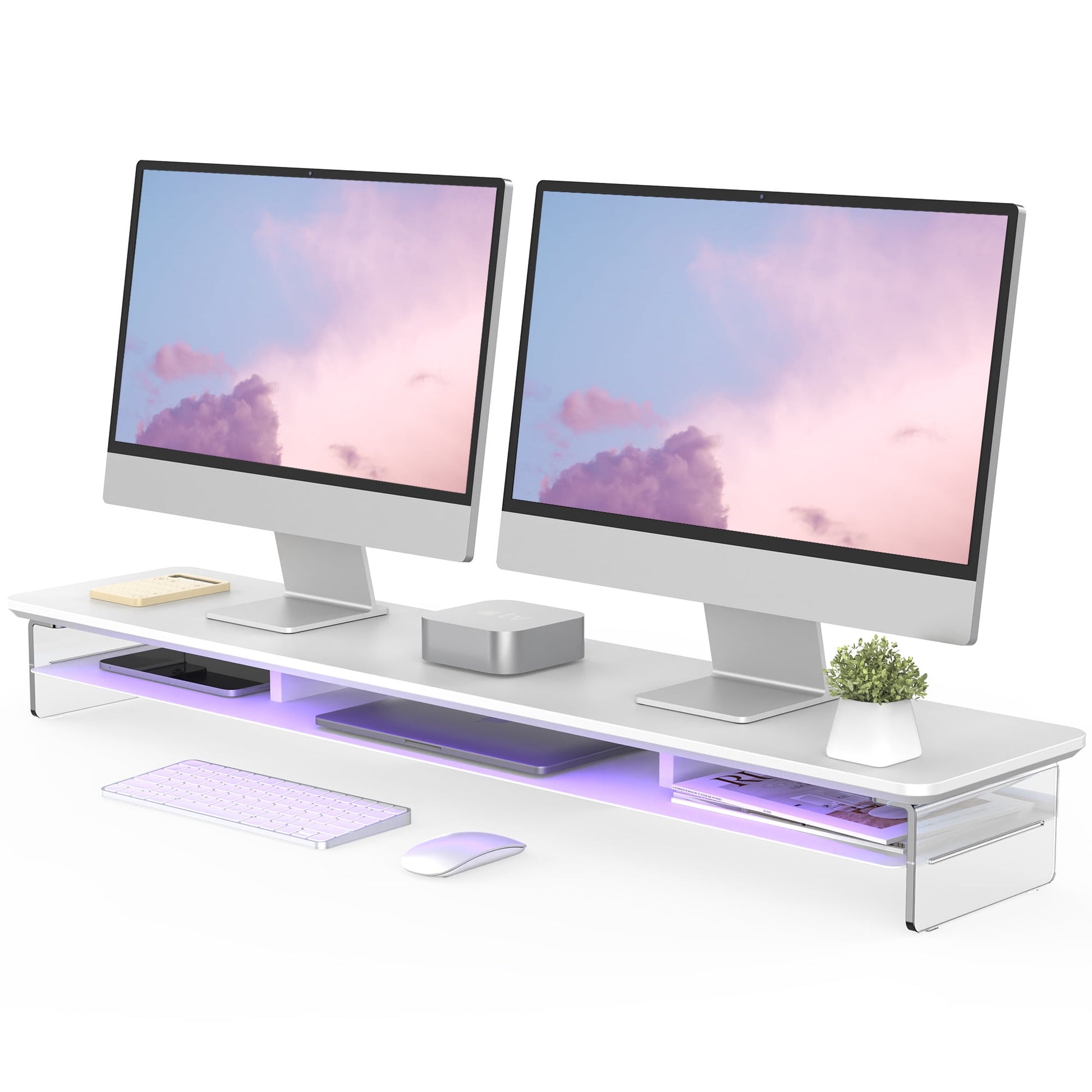Fenge - Acrylic Monitor Stand Riser, 42.5 Inches Dual Monitor Stand with 12 Color LED Light - Serious Techies
