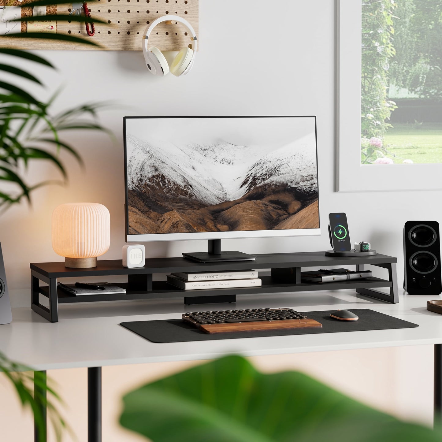 Fenge - Dual Monitor Stand Riser for Desk, 42.5In Large Monitor Stands for 2 Monitors - Serious Techies