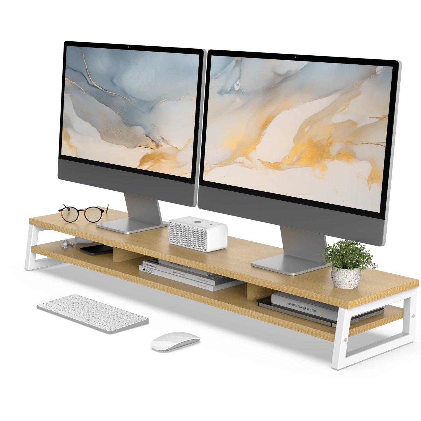 Fenge - Dual Monitor Stand Riser for Desk, 42.5In Large Monitor Stands for 2 Monitors - Serious Techies