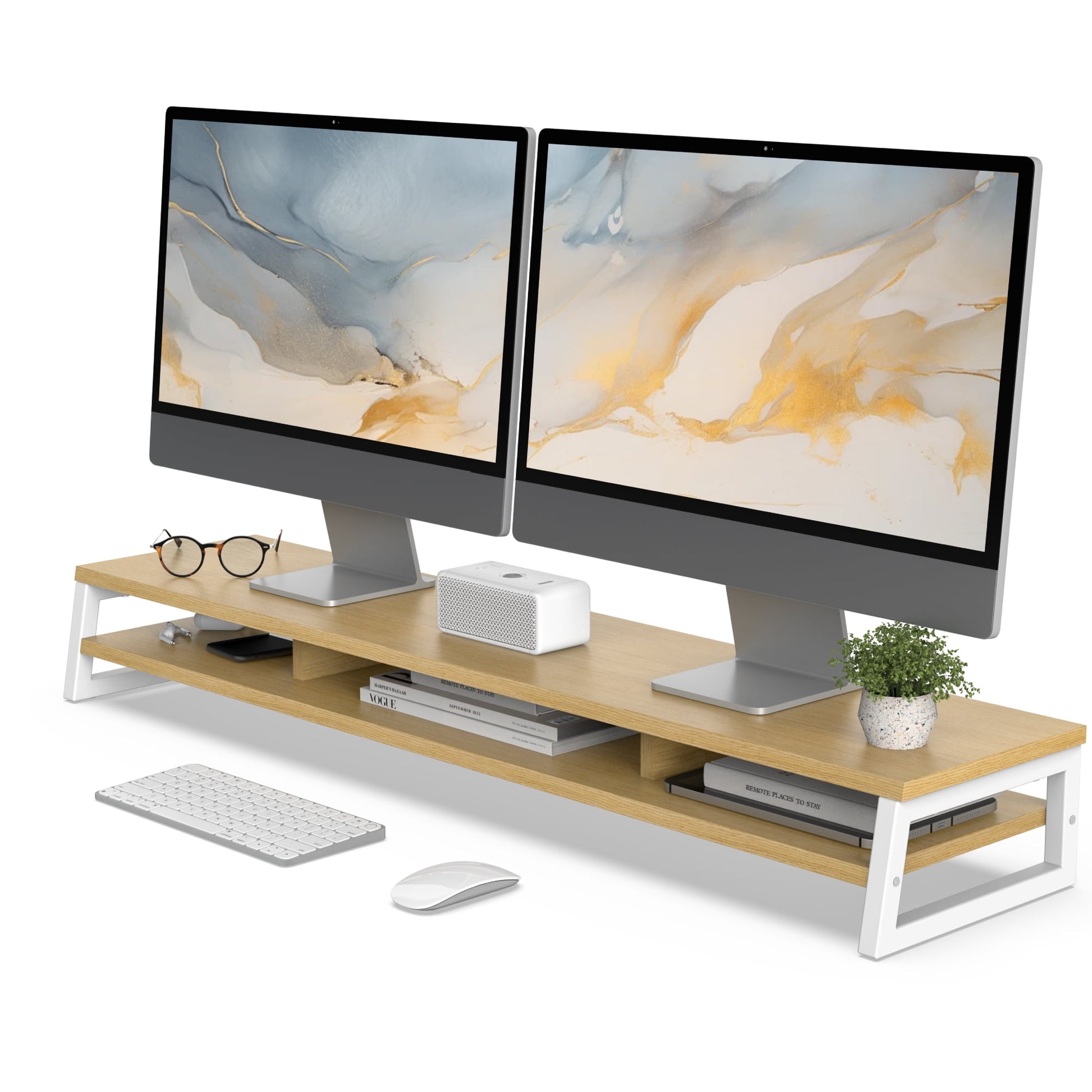 Fenge - Dual Monitor Stand Riser for Desk, 42.5In Large Monitor Stands for 2 Monitors - Serious Techies