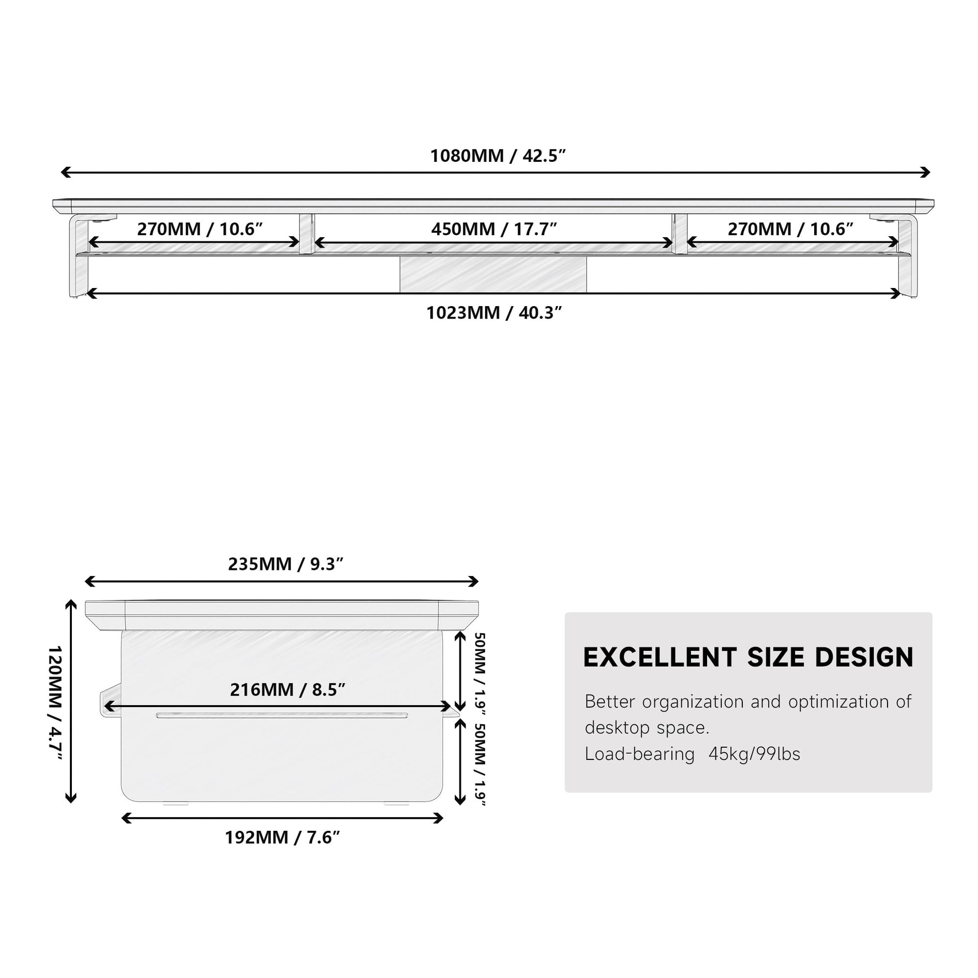 Fenge - Acrylic Monitor Stand Riser, 42.5 Inch Monitor Stands Shelf with 12 Color LED Light - Serious Techies