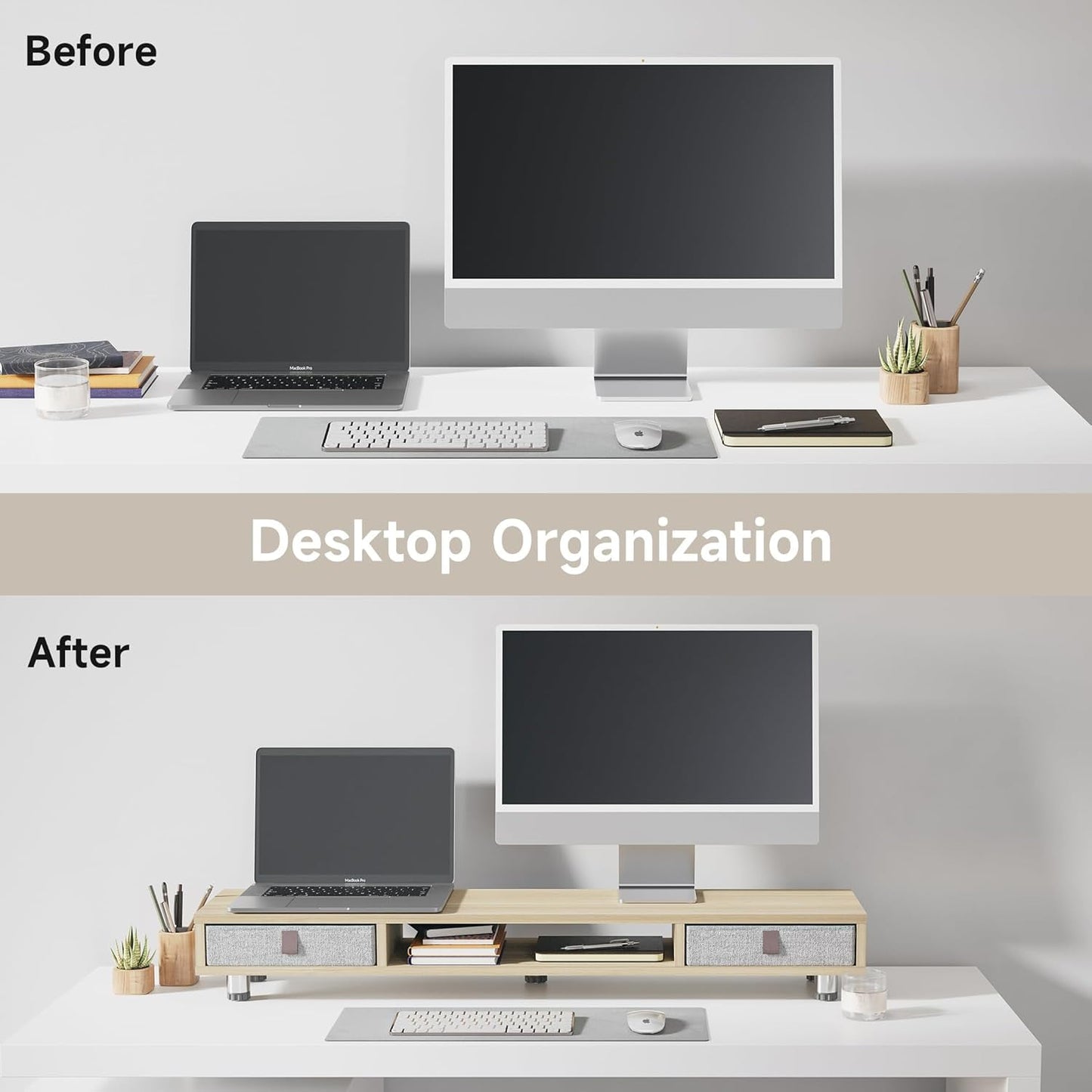 Fenge - Monitor Stand, Dual Monitor Stand with 2 Drawers, Monitor Riser for 2 Monitors, Adjustable Height Computer Stand, Office Monitor Stands for Desk, Laptop, PC, TV, Printer - Serious Techies