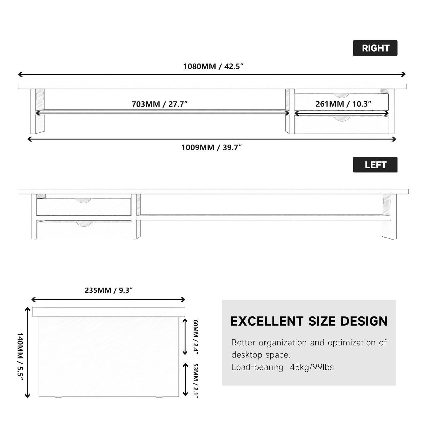Fenge - Dual Monitor Stand, 42.5Inch Monitor Riser with Acrylic Drawer - Serious Techies