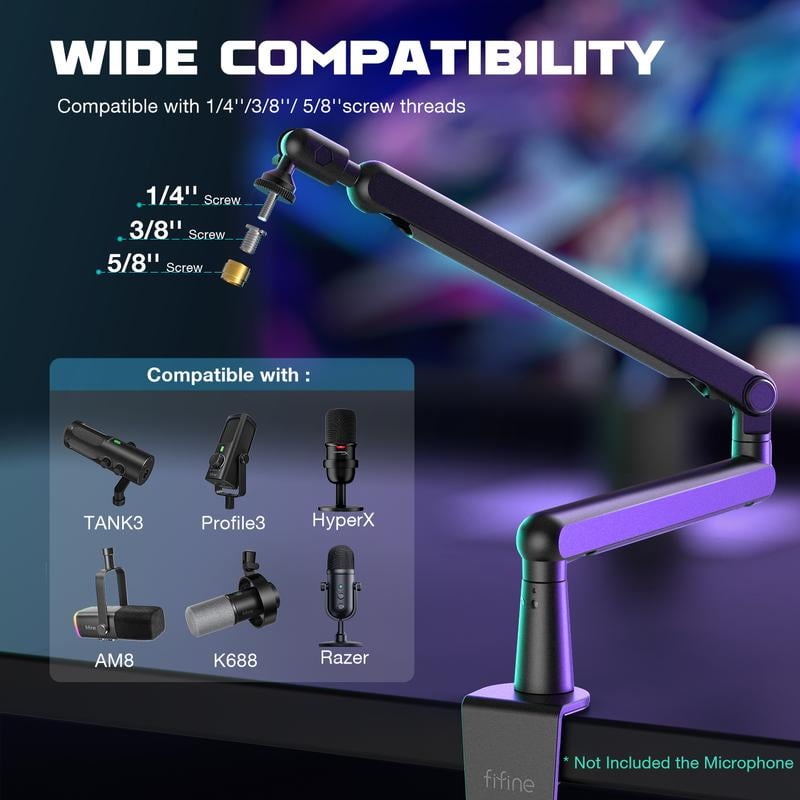FIFINE - BM88 Low Profile Microphone Boom Arm, Adjustable Stick Microphone Arm Stand with Desk Mount Clamp, Screw Adapter, Cable Management, for Podcast Audio Streaming Gaming Studio - Serious Techies