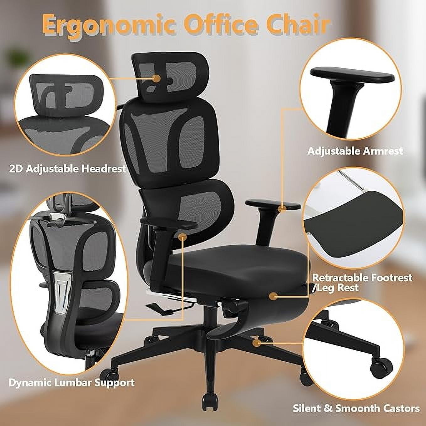 FLEXISPOT - Big and Tall Mesh Office Chair, Computer Desk Chair Adjustable Swivel Chair with Footrest Lumbar Support Headrest and 360°Rotation for Home Office, Black - Serious Techies