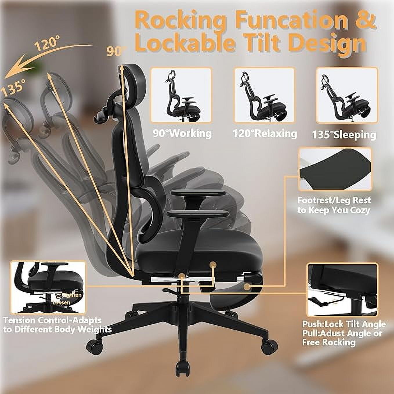 FLEXISPOT - Big and Tall Mesh Office Chair, Computer Desk Chair Adjustable Swivel Chair with Footrest Lumbar Support Headrest and 360°Rotation for Home Office, Black - Serious Techies