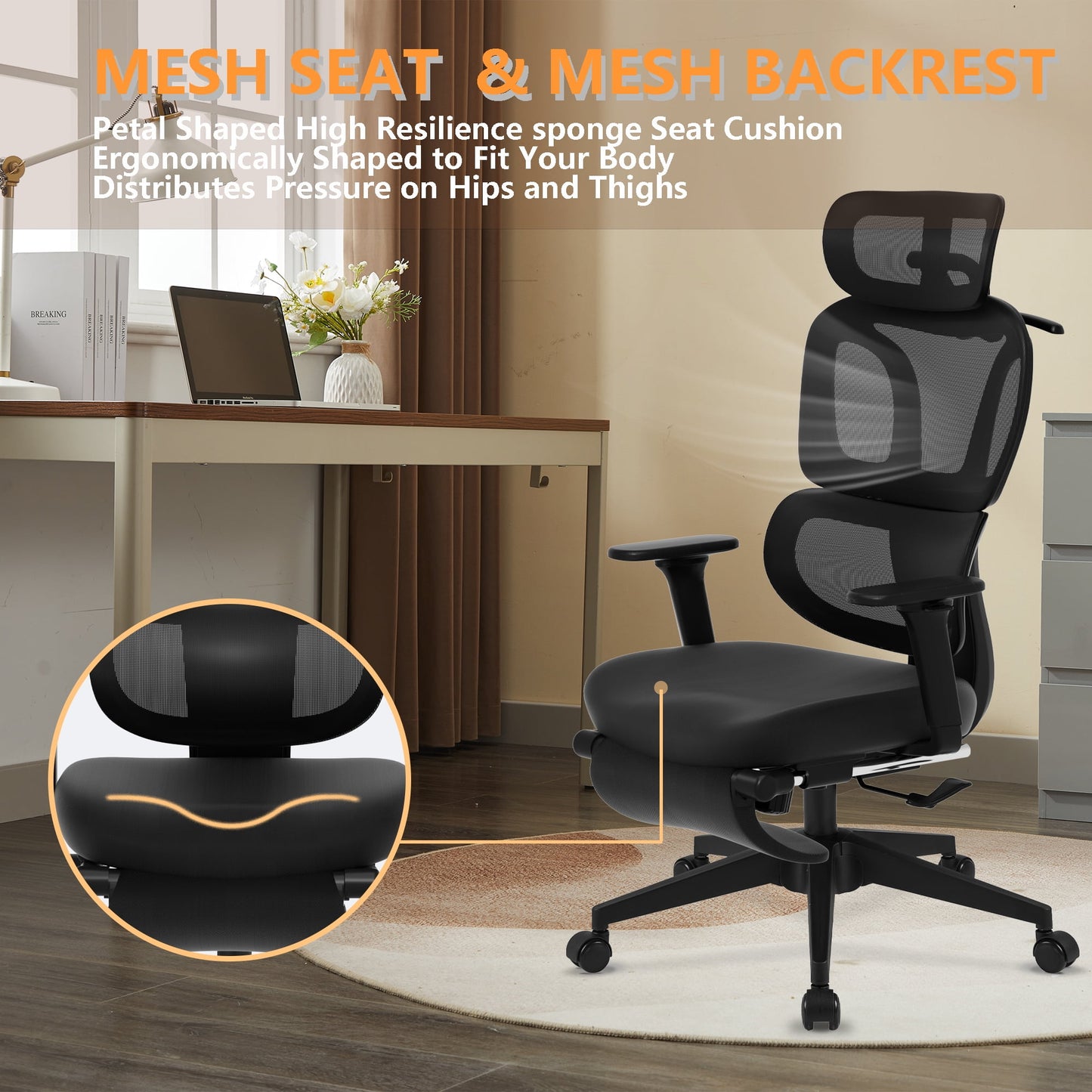 FLEXISPOT - Big and Tall Mesh Office Chair, Computer Desk Chair Adjustable Swivel Chair with Footrest Lumbar Support Headrest and 360°Rotation for Home Office, Black - Serious Techies