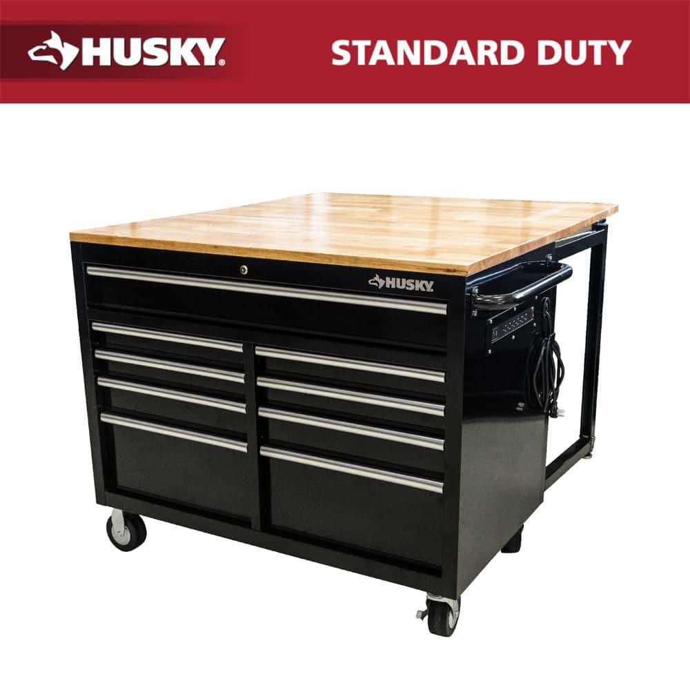 Husky - Tool Storage 46 In. W X 51 In. D Standard Duty Black Mobile Workbench Cabinet with Solid Top Full Length Extension Table - Serious Techies