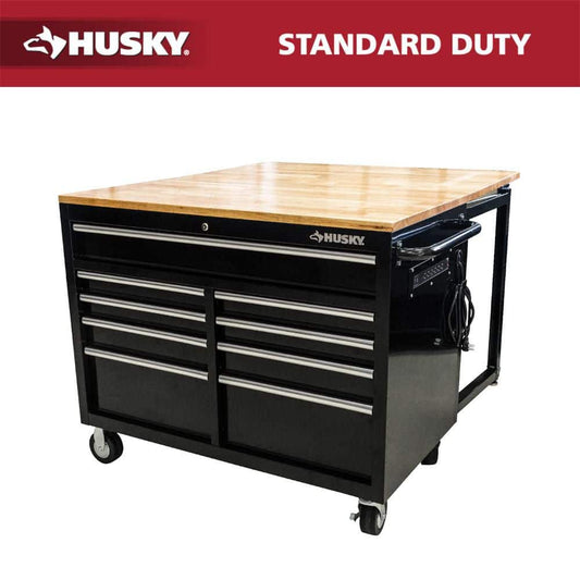 Husky - Tool Storage 46 In. W X 51 In. D Standard Duty Black Mobile Workbench Cabinet with Solid Top Full Length Extension Table - Serious Techies