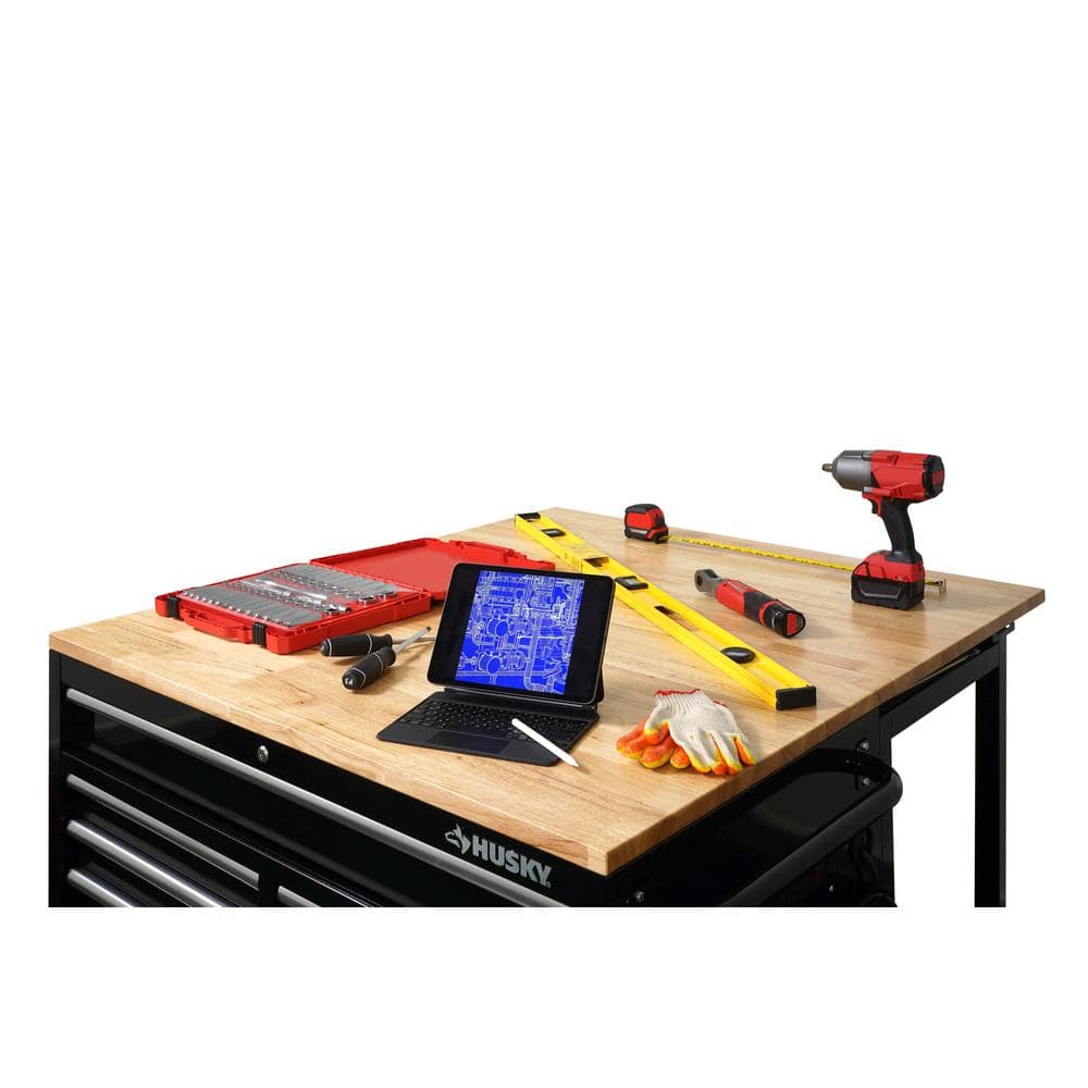 Husky - Tool Storage 46 In. W X 51 In. D Standard Duty Black Mobile Workbench Cabinet with Solid Top Full Length Extension Table - Serious Techies