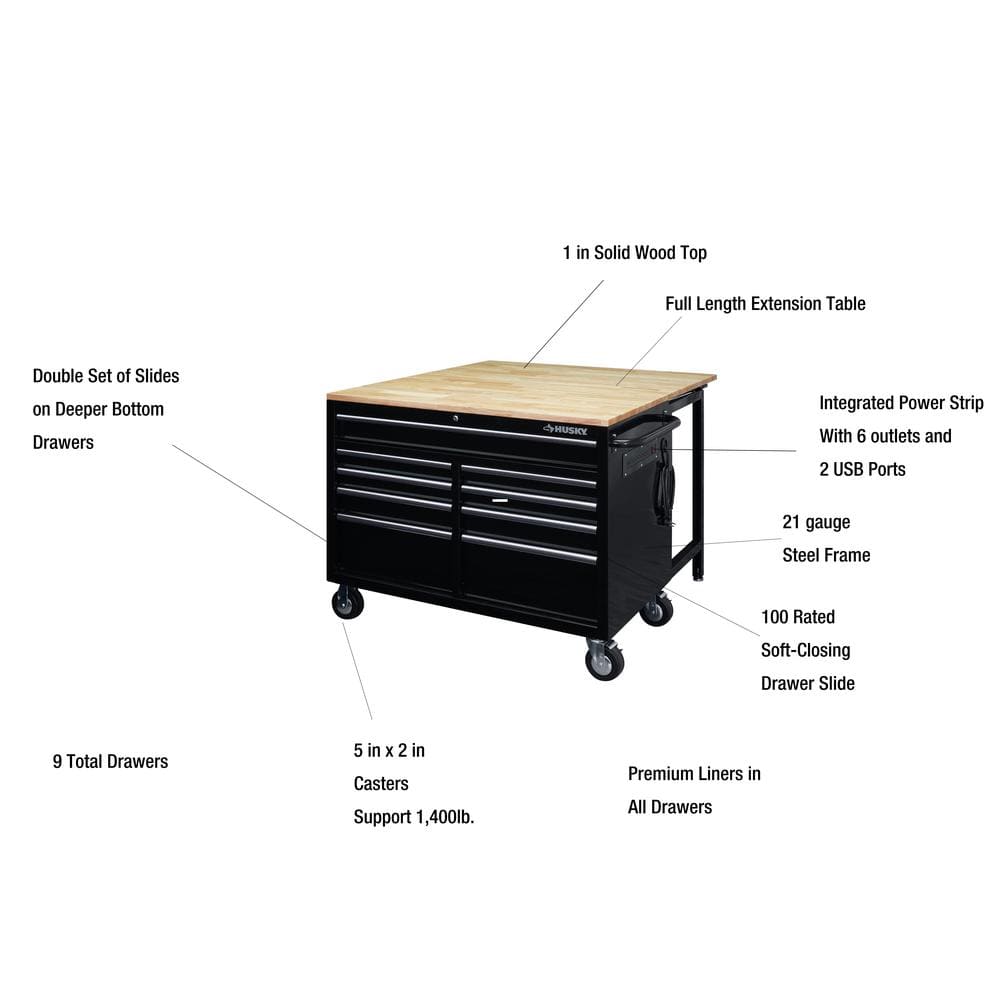 Husky - Tool Storage 46 In. W X 51 In. D Standard Duty Black Mobile Workbench Cabinet with Solid Top Full Length Extension Table - Serious Techies