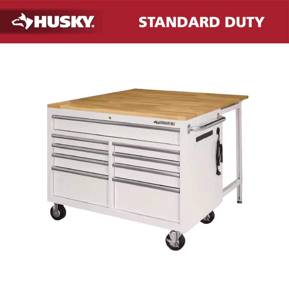 Husky - Tool Storage 46 In. W X 51 In. D Standard Duty Black Mobile Workbench Cabinet with Solid Top Full Length Extension Table - Serious Techies