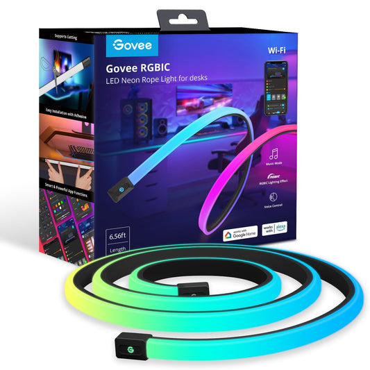 Govee - 6.56Ft RGBIC LED Neon Rope Light, Color-Changing Smart Light Strip for Desk, Gaming Setup, Wifi + Bluetooth Control - Serious Techies