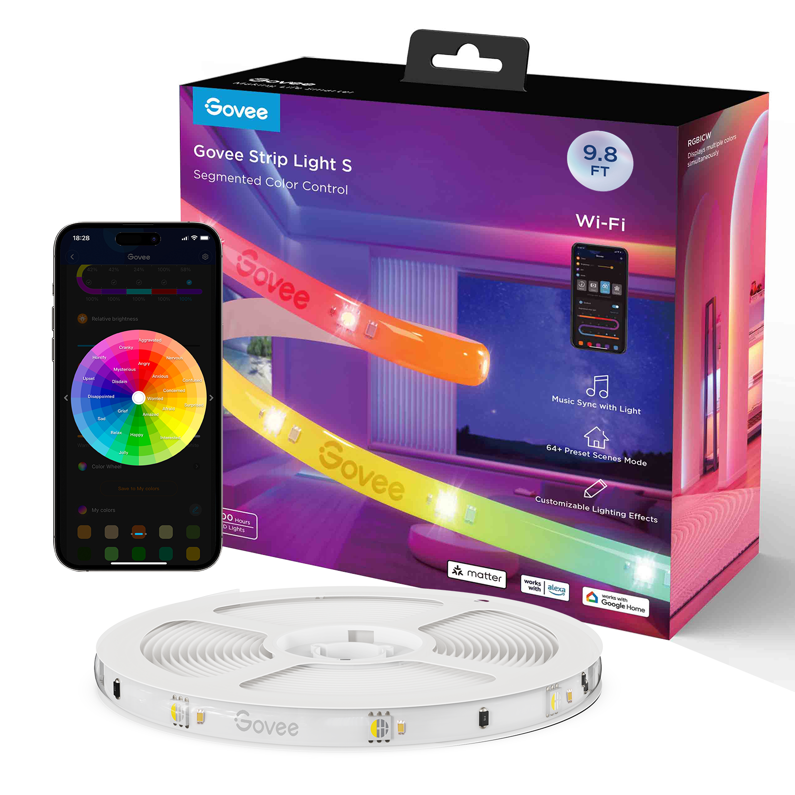 Govee - RGBICW Wi-Fi LED Strip Light, 9.8Ft, Smart App Control, Multicolor for Bedroom & TV Backlight - Serious Techies