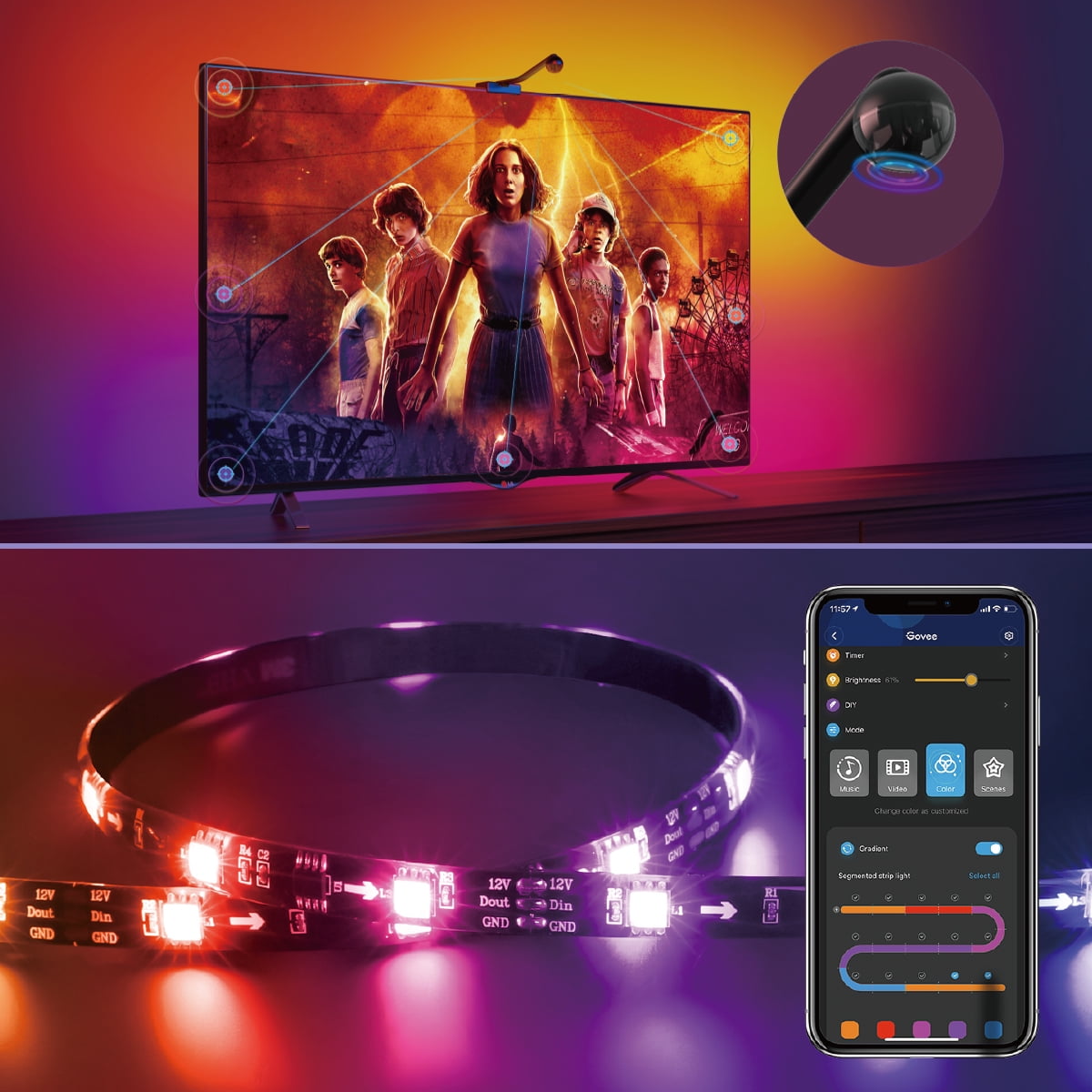 Govee - Stranger Things Indoor RGBIC LED TV Backlight with Camera for 55-65 Inch Tvs and Pcs, Corded Electric, App Controlled - Serious Techies