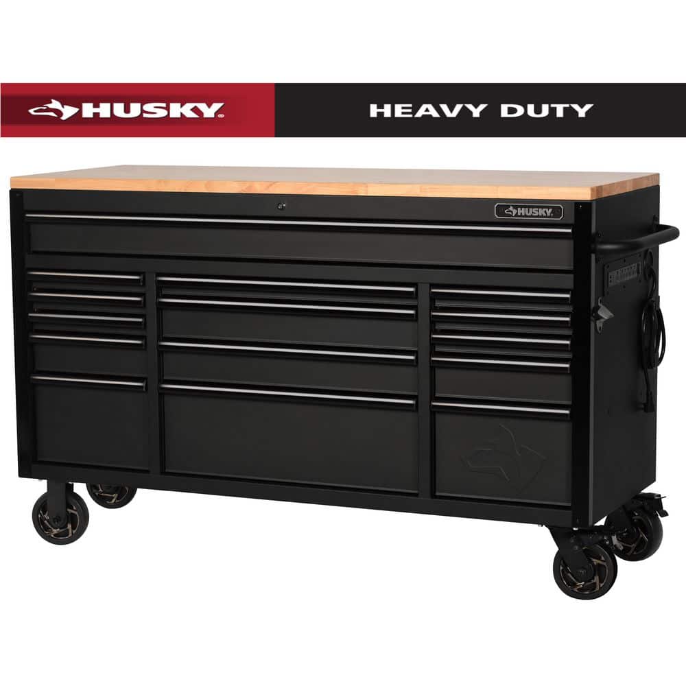 Husky - 61 In. W X 23 In. D Heavy Duty 15-Drawer Mobile Workbench Tool Chest with Solid Wood Top in Matte Black - Serious Techies