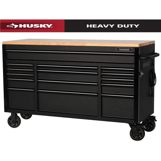 Husky - 61 In. W X 23 In. D Heavy Duty 15-Drawer Mobile Workbench Tool Chest with Solid Wood Top in Matte Black - Serious Techies