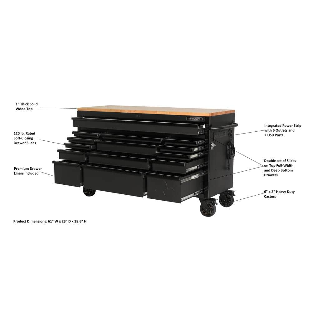 Husky - 61 In. W X 23 In. D Heavy Duty 15-Drawer Mobile Workbench Tool Chest with Solid Wood Top in Matte Black - Serious Techies