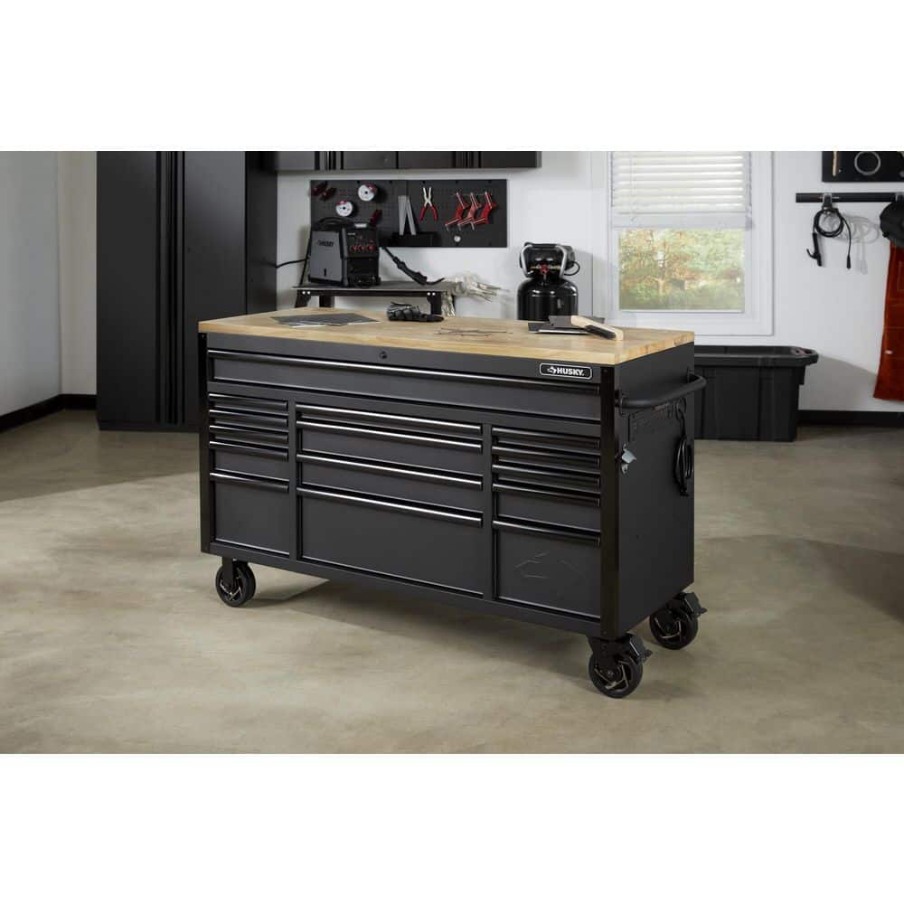Husky - 61 In. W X 23 In. D Heavy Duty 15-Drawer Mobile Workbench Tool Chest with Solid Wood Top in Matte Black - Serious Techies