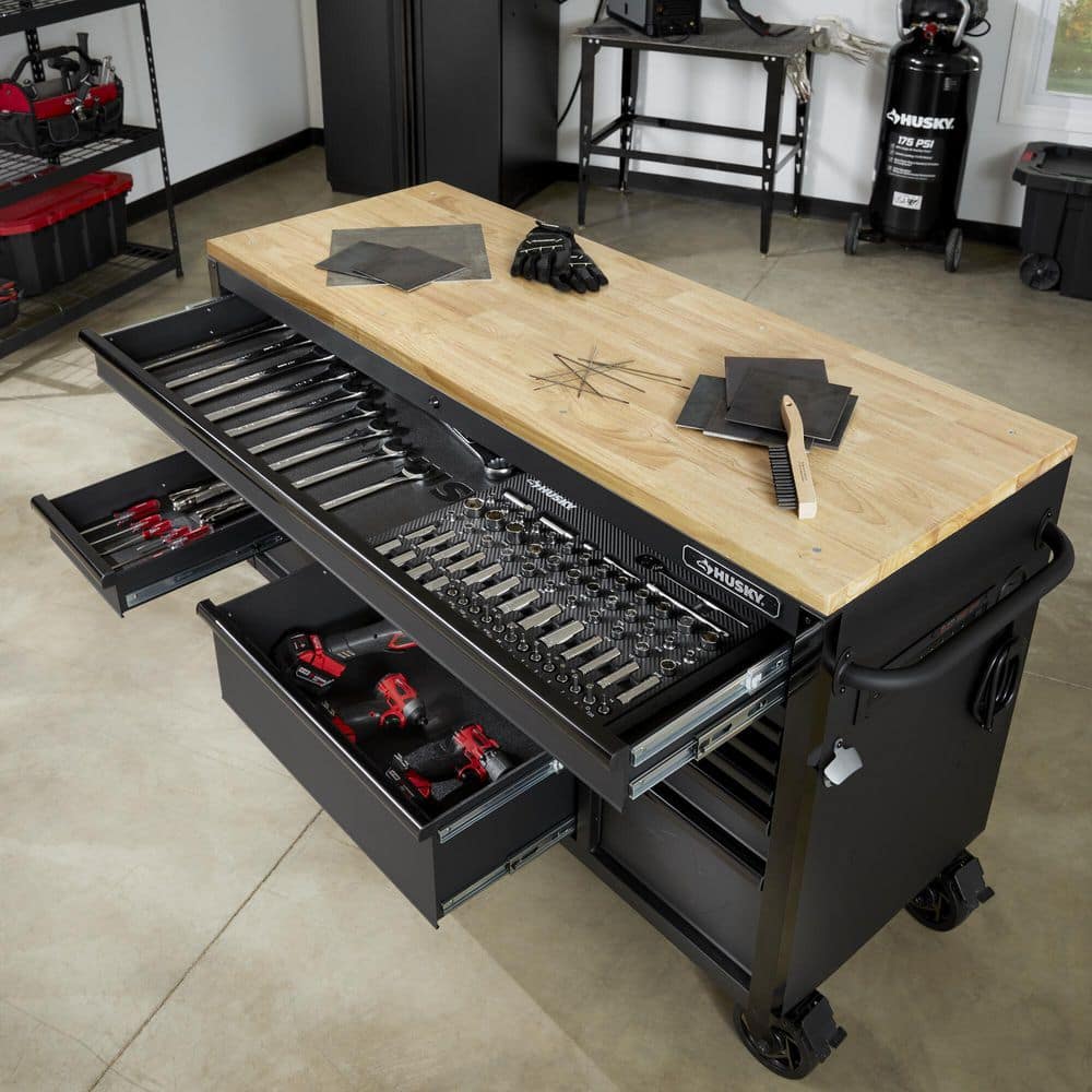 Husky - 61 In. W X 23 In. D Heavy Duty 15-Drawer Mobile Workbench Tool Chest with Solid Wood Top in Matte Black - Serious Techies