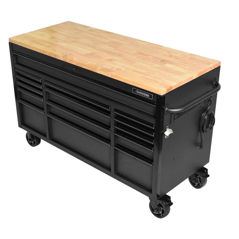 Husky - 61 In. W X 23 In. D Heavy Duty 15-Drawer Mobile Workbench Tool Chest with Solid Wood Top in Matte Black - Serious Techies