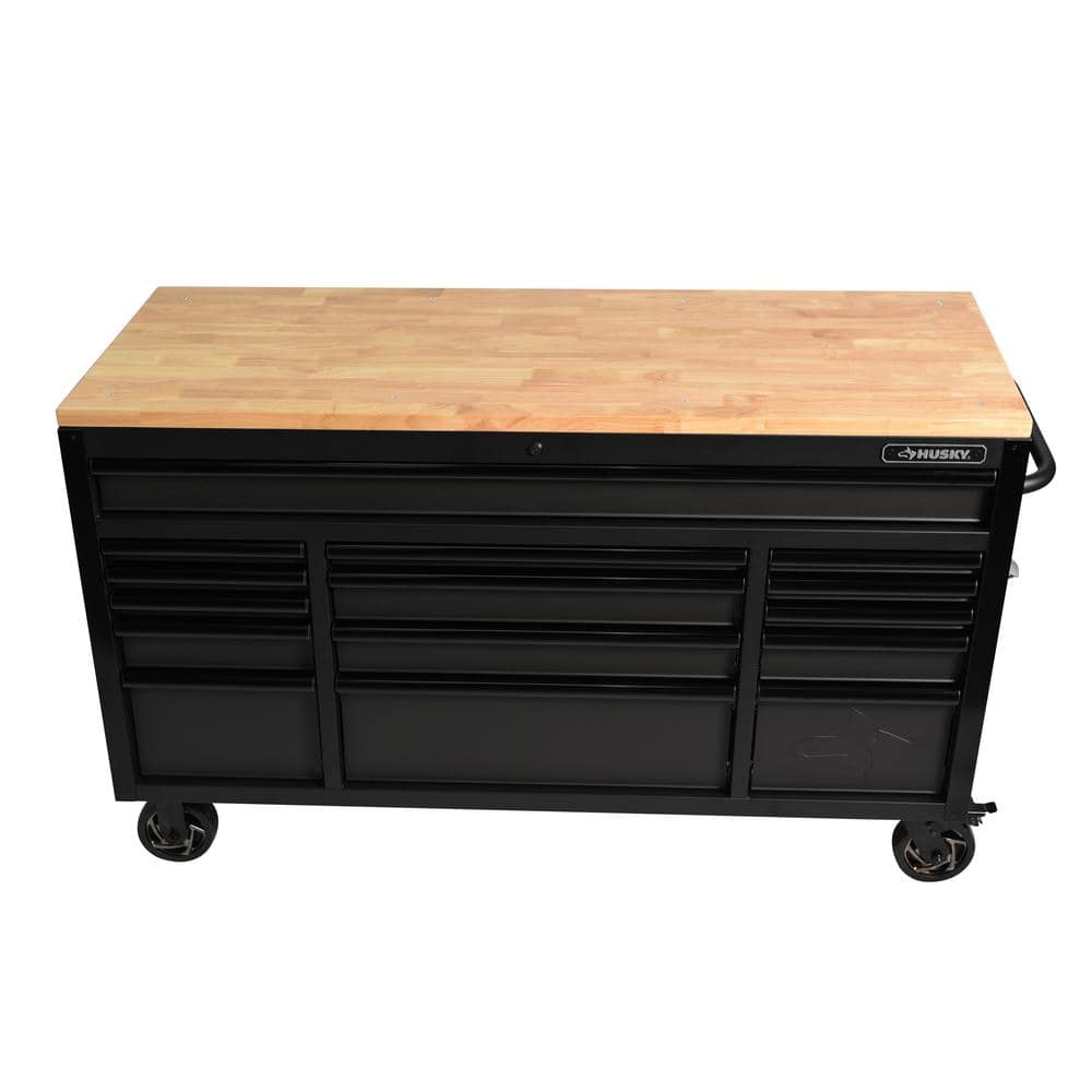 Husky - 61 In. W X 23 In. D Heavy Duty 15-Drawer Mobile Workbench Tool Chest with Solid Wood Top in Matte Black - Serious Techies