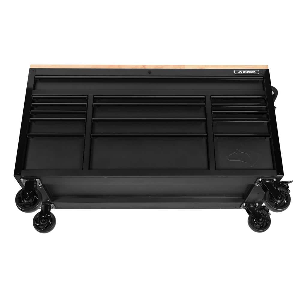 Husky - 61 In. W X 23 In. D Heavy Duty 15-Drawer Mobile Workbench Tool Chest with Solid Wood Top in Matte Black - Serious Techies