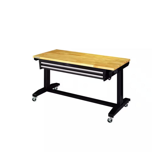 52 In. W X 24 In. D 2-Drawer Adjustable Height Blaxk Work Table with Solid Wood Top