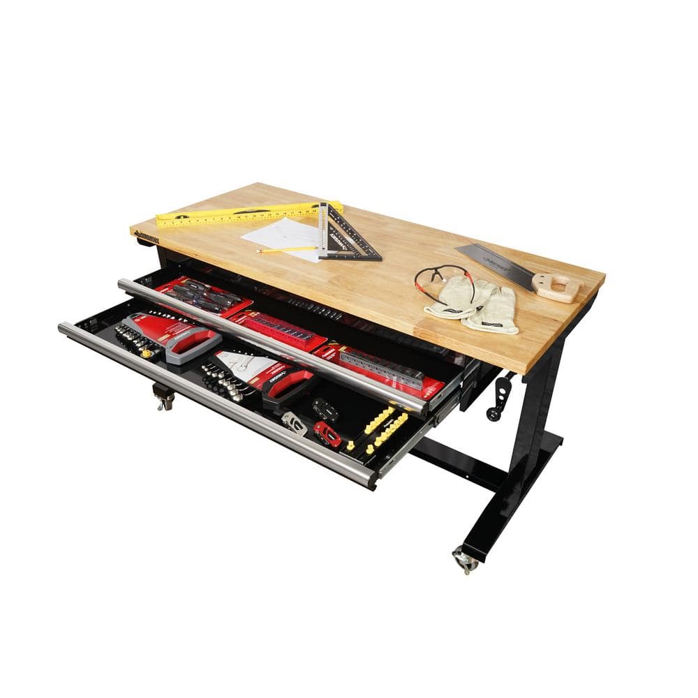 52 In. W X 24 In. D 2-Drawer Adjustable Height Blaxk Work Table with Solid Wood Top