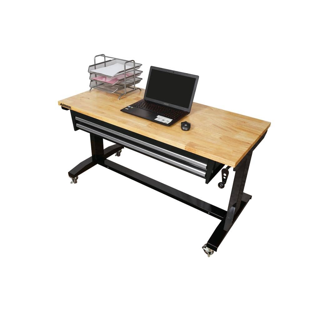 52 In. W X 24 In. D 2-Drawer Adjustable Height Blaxk Work Table with Solid Wood Top