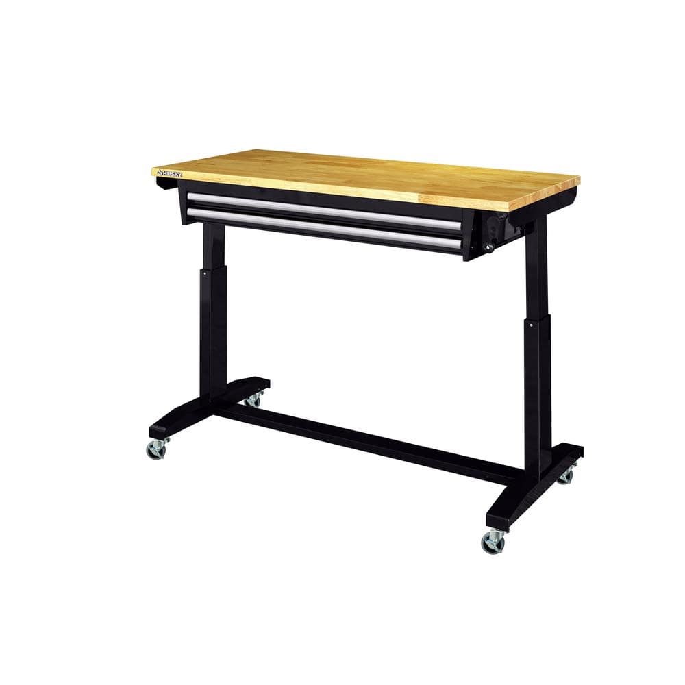 52 In. W X 24 In. D 2-Drawer Adjustable Height Blaxk Work Table with Solid Wood Top
