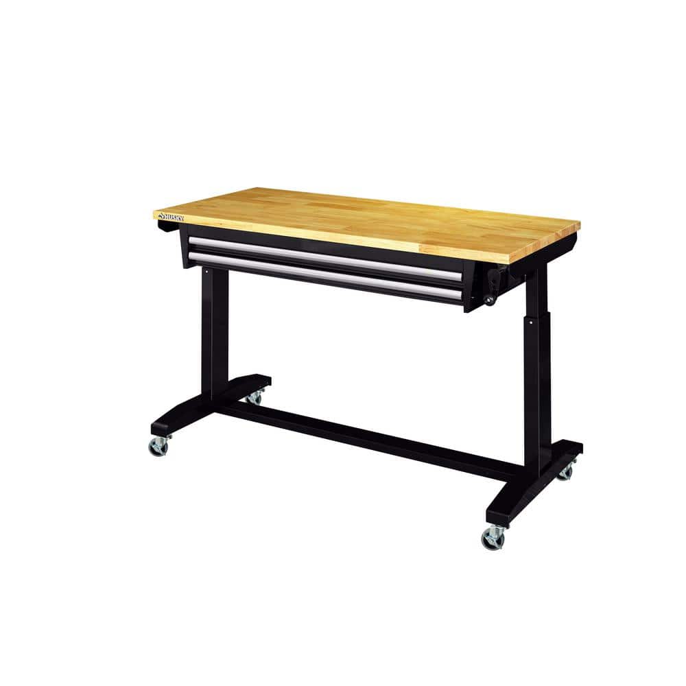 52 In. W X 24 In. D 2-Drawer Adjustable Height Blaxk Work Table with Solid Wood Top