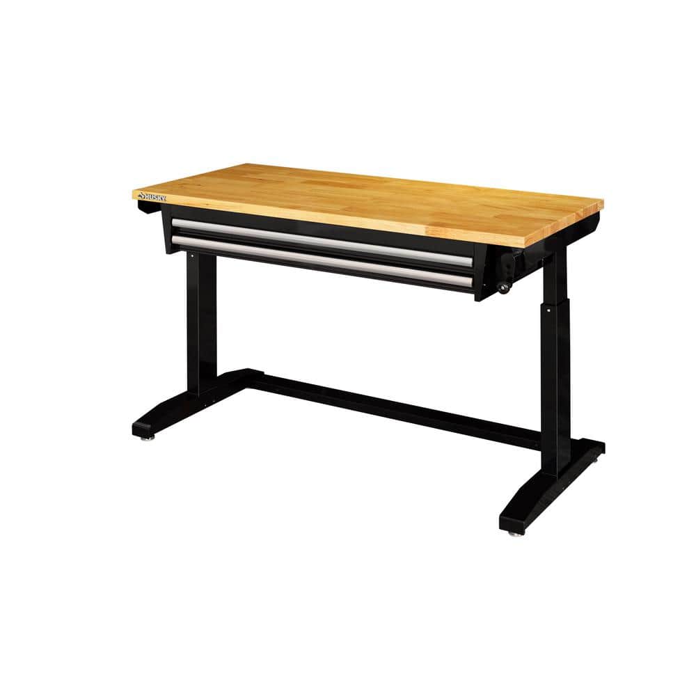 52 In. W X 24 In. D 2-Drawer Adjustable Height Blaxk Work Table with Solid Wood Top