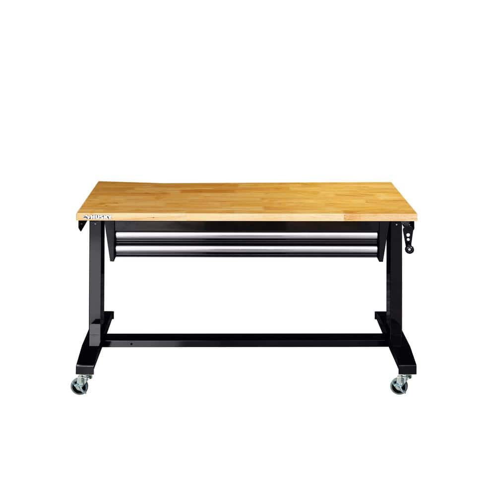 52 In. W X 24 In. D 2-Drawer Adjustable Height Blaxk Work Table with Solid Wood Top