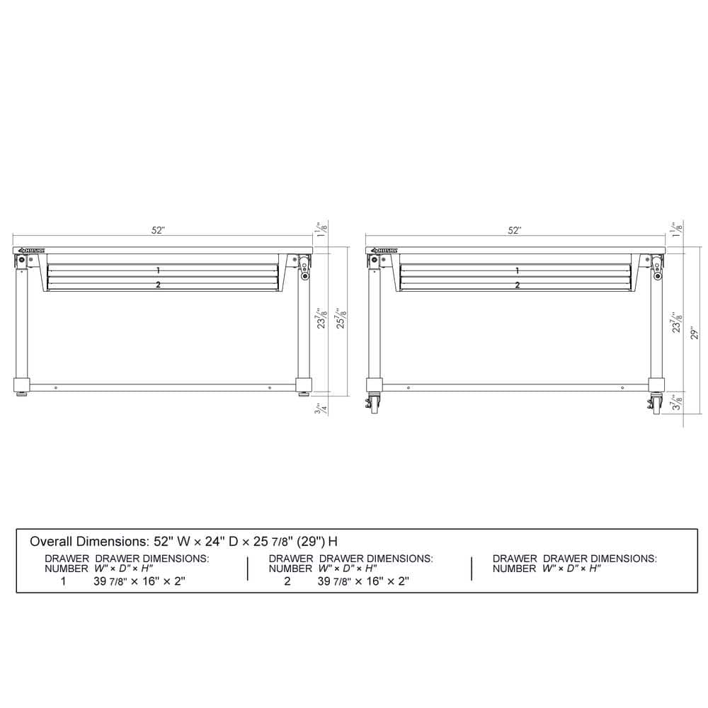 52 In. W X 24 In. D 2-Drawer Adjustable Height Blaxk Work Table with Solid Wood Top