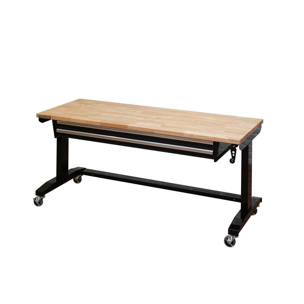 52 In. W X 24 In. D 2-Drawer Adjustable Height Blaxk Work Table with Solid Wood Top