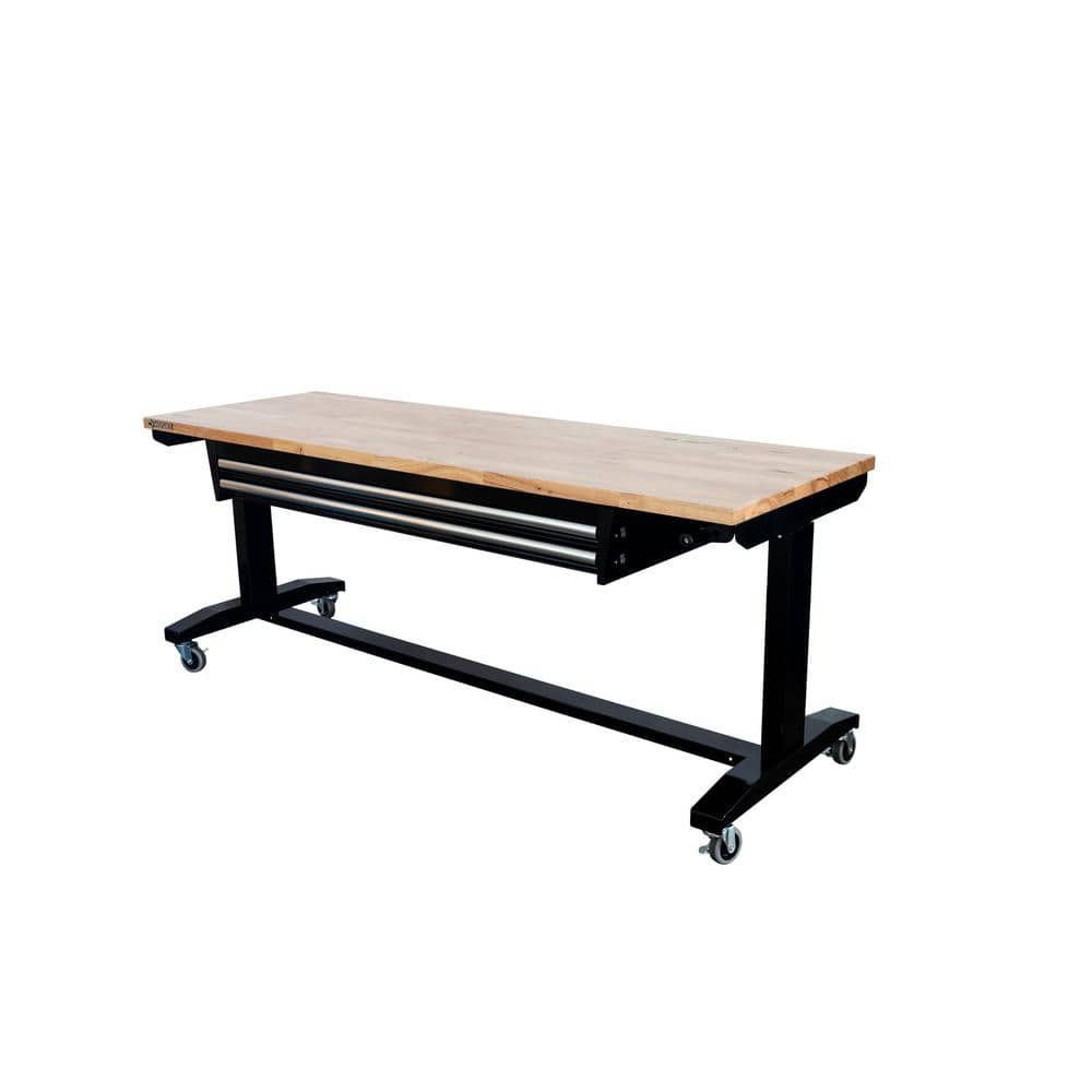 52 In. W X 24 In. D 2-Drawer Adjustable Height Blaxk Work Table with Solid Wood Top