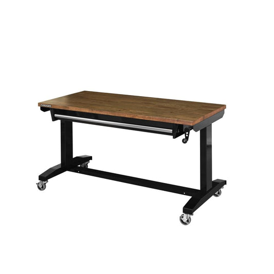 HUSKY - 52 In. W X 24 In. D 1-Drawer Adjustable Height Gloss Black Workbench with Dark Stained Wood Top Serious Techies